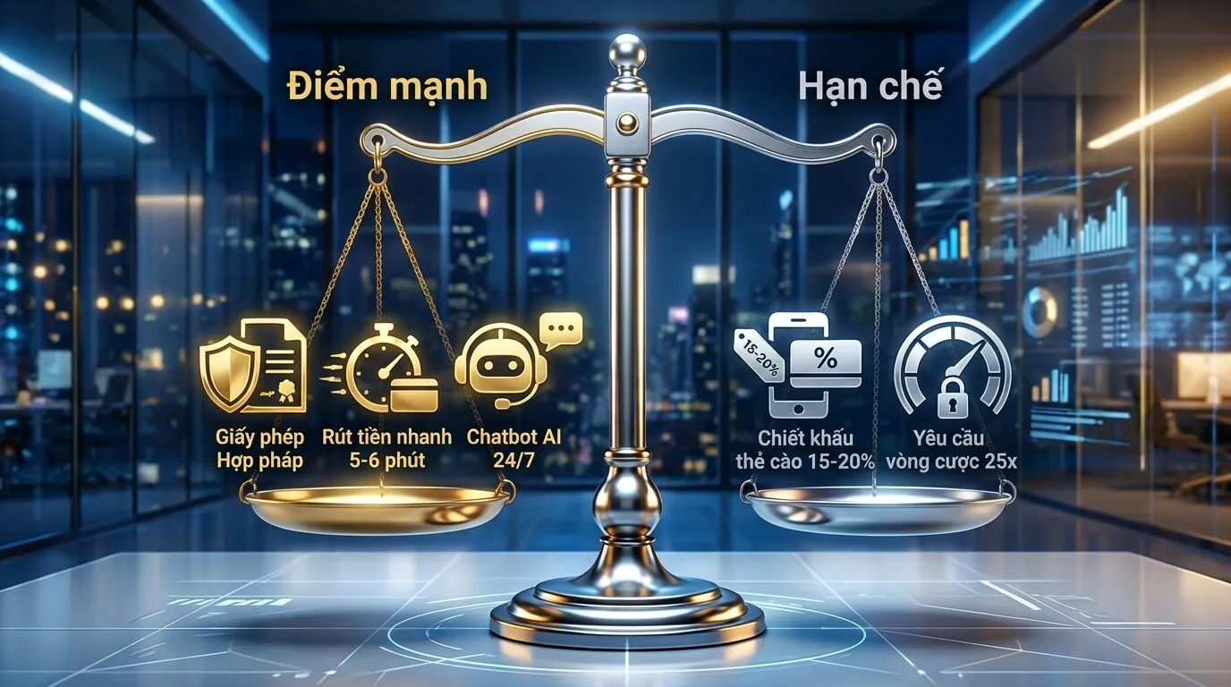 Bức tranh cân bằng điểm mạnh và hạn chế HitClub - lợi thế hồ sơ pháp lý tra cứu được, rút 5-6 phút, Chatbot 24/7, đối lại là thẻ cào chiết khấu 15-20% và vòng cược 25 lần